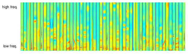 Many short snibbets side by side as small spectrograms, from low frequency at the bottom to high at the top